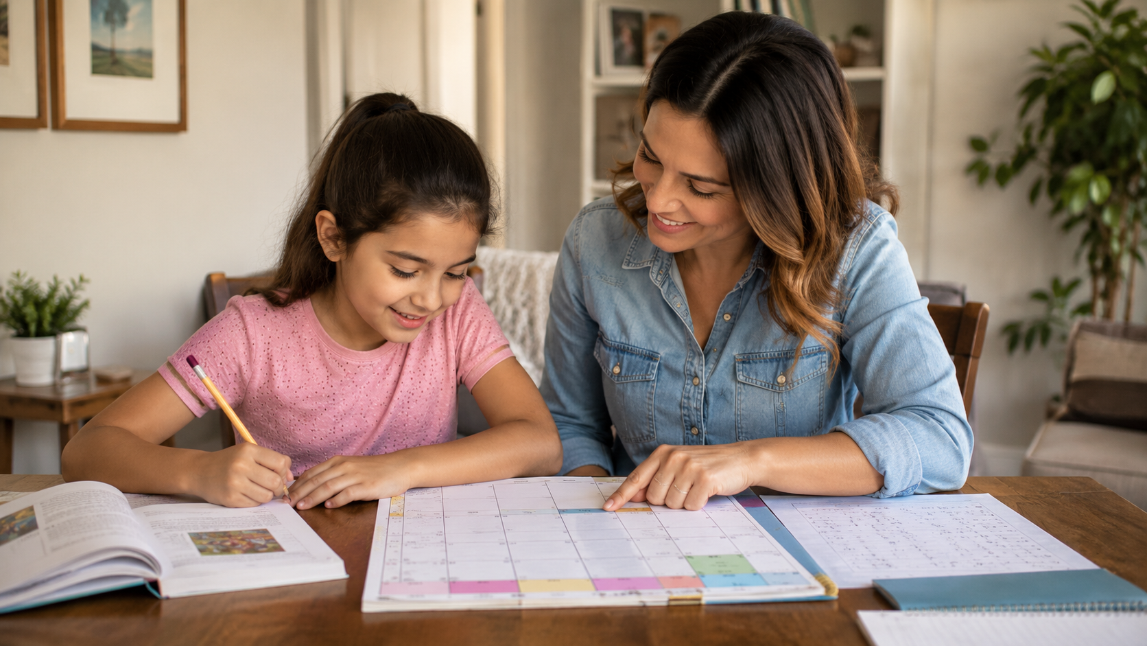 Parent and child planning homework at home