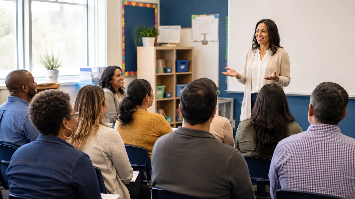 Parent workshop in a bright classroom