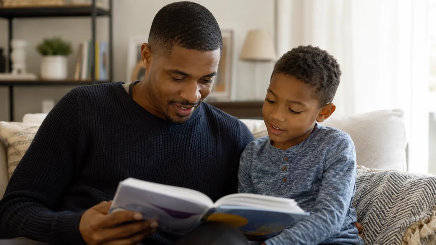 Parent reading with child at home