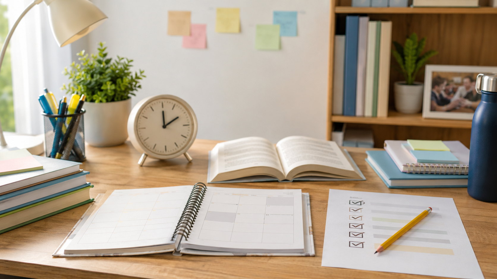Organized study desk with planner and notebooks