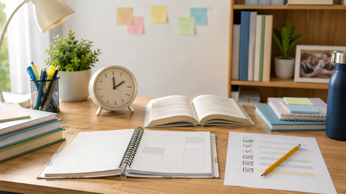 Organized study desk with planner and notebooks